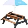 AXI Nick Zand & Water Picknicktafel In Antraciet/Bruin - Parasol Blauw/Wit - Picknick Tafel Voor Kinderen Van Hout