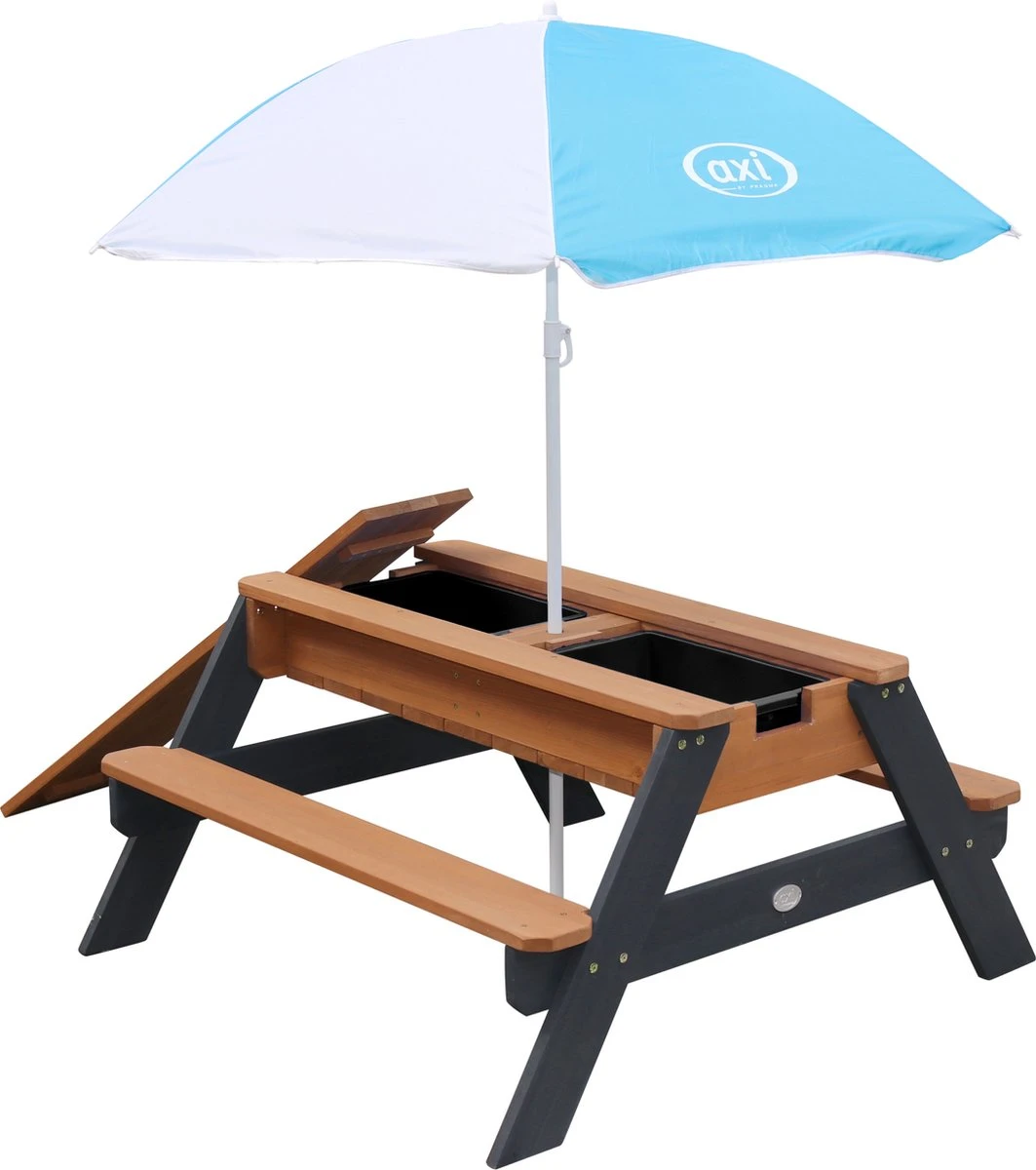 AXI Nick Zand & Water Picknicktafel In Antraciet/Bruin - Parasol Blauw/Wit - Picknick Tafel Voor Kinderen Van Hout 1 AXI Nick Zand & Water Picknicktafel In Antraciet/Bruin - Parasol Blauw/Wit - Picknick Tafel Voor Kinderen Van Hout