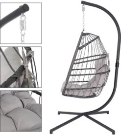 Pro Garden Lowander Hangstoel Egg 191x126x126- Schommelstoel Met Rattan Cocoon En Robuust Stalen Standaard Incl. Kussens - Volledig Inklapbaar - Lichtgrijs -Fijne Tuinmeubelwinkel 1069x1200