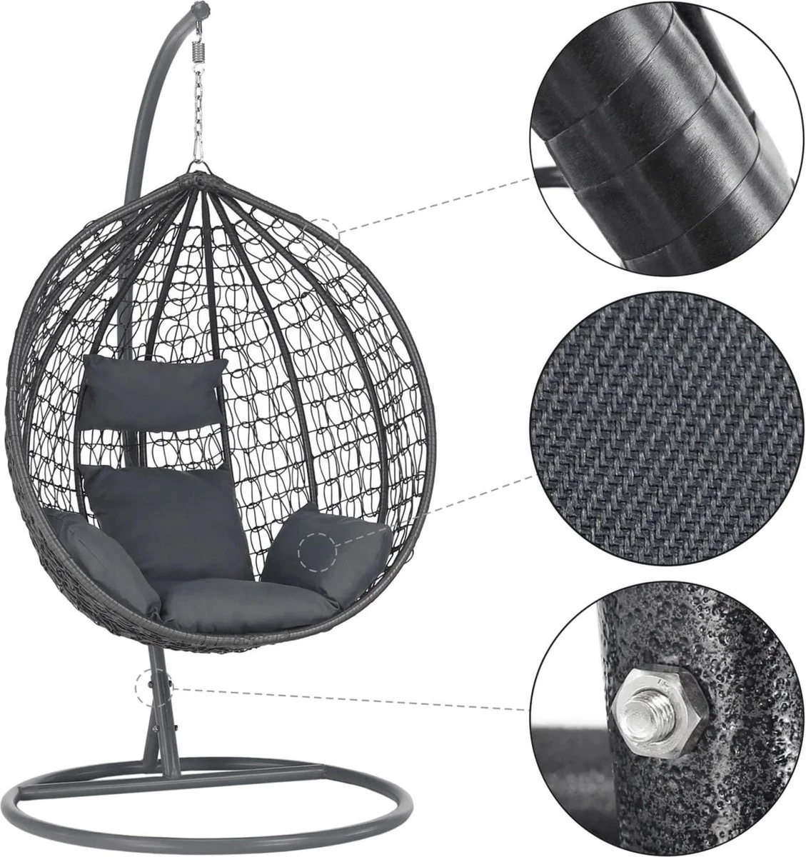 Bircim Hangstoel Ei/Egg-Vorm Met Dikke Kussens - Voor Binnen En Buiten - Incl. Standaard, Onderstel & Kussens - Antraciet 6 Bircim Hangstoel Ei/Egg-Vorm Met Dikke Kussens - Voor Binnen En Buiten - Incl. Standaard, Onderstel & Kussens - Antraciet - Afbeelding 6