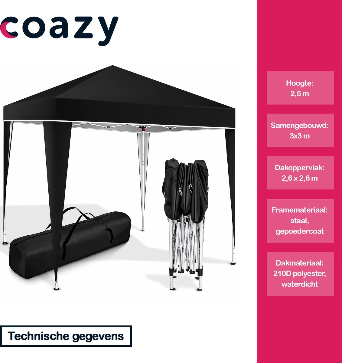 Coazy Waterdichte Partytent 3x3 Meter Opvouwbaar - Paviljoen - Easy Up - Pop-up Tent Met Haringen, Touw En Anti Slip Poten - Waterdicht - Partytenten Weerbestendig 2 Coazy Waterdichte Partytent 3x3 Meter Opvouwbaar - Paviljoen - Easy Up - Pop-up Tent Met Haringen, Touw En Anti Slip Poten - Waterdicht - Partytenten Weerbestendig - Afbeelding 2
