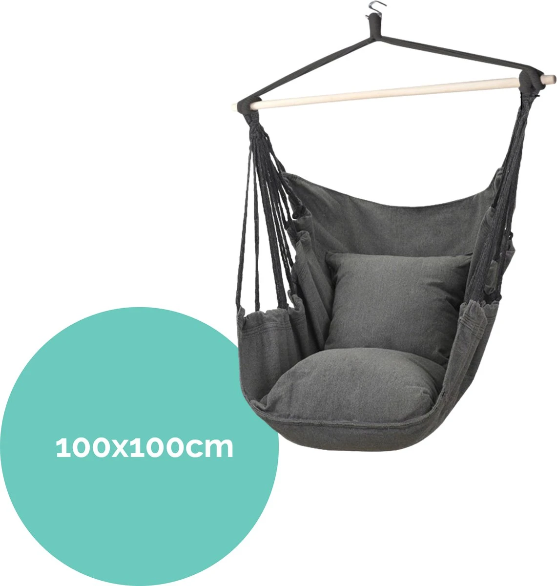 Hangmat Stoel - Hangstoel Voor Binnen Of Buiten - Incl. 2 Kussens - Zwart/Grijs Antraciet 4 Hangmat Stoel - Hangstoel Voor Binnen Of Buiten - Incl. 2 Kussens - Zwart/Grijs Antraciet - Afbeelding 4