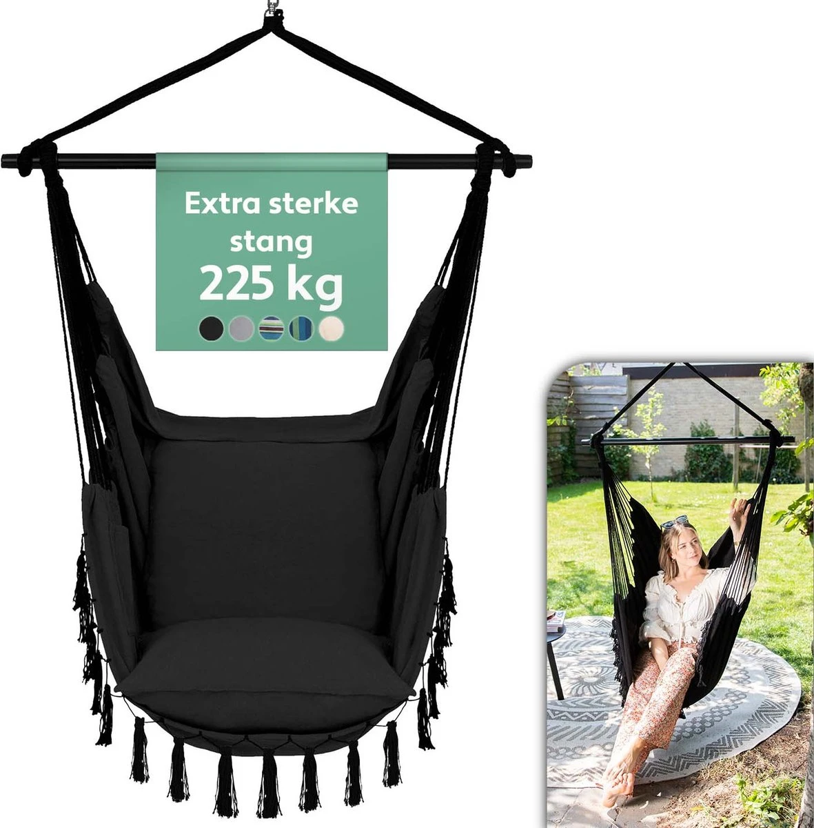 Vita5 XXL Hangstoel - Binnen&Buiten Hangnest - Incl. 2 Kussens En Boekenvak - Volwassenen&Kinderen - Hangmatstoel Tot 225kg - Zwart 1 Vita5 XXL Hangstoel - Binnen&Buiten Hangnest - Incl. 2 Kussens En Boekenvak - Volwassenen&Kinderen - Hangmatstoel Tot 225kg - Zwart