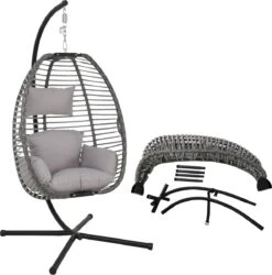 Pro Garden Lowander Hangstoel Egg 191x126x126- Schommelstoel Met Rattan Cocoon En Robuust Stalen Standaard Incl. Kussens - Volledig Inklapbaar - Lichtgrijs -Fijne Tuinmeubelwinkel 1185x1200