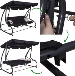 Springos Schommelbank | Linda-Schommel | 3-zits | Waterafstotend | Inclusief 2 Kussens | Verstelbare Luifel | 162 X 200 X 120 Cm | Zwart -Fijne Tuinmeubelwinkel 1186x1200