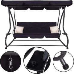 Springos Schommelbank | Linda-Schommel | 3-zits | Waterafstotend | Inclusief 2 Kussens | Verstelbare Luifel | 162 X 200 X 120 Cm | Zwart -Fijne Tuinmeubelwinkel 1194x1200 2