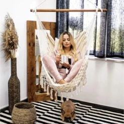 Springos Hangstoel | Binnen & Buiten | Met 2 Kussens | Boekenvak | Ook Voor Kinderen | Belastbaar Tot 150 Kg | Wit -Fijne Tuinmeubelwinkel 1198x1200 2