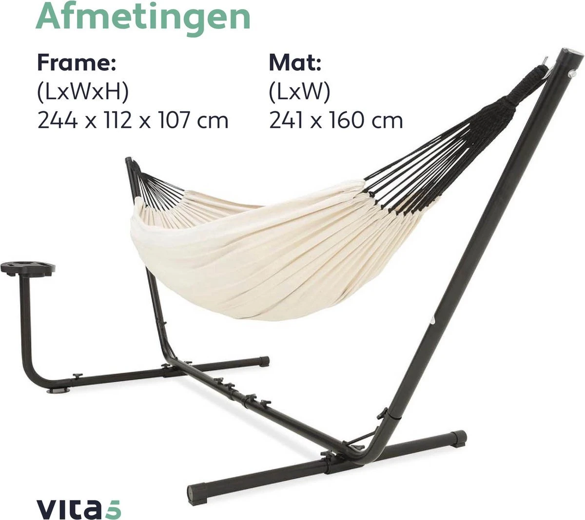 Vita5 Hangmat Met Standaard – 2 Persoons – Incl. Bekerhouder – 205kg Draaggewicht – Beige/Wit 9 Vita5 Hangmat Met Standaard – 2 Persoons – Incl. Bekerhouder – 205kg Draaggewicht – Beige/Wit - Afbeelding 9