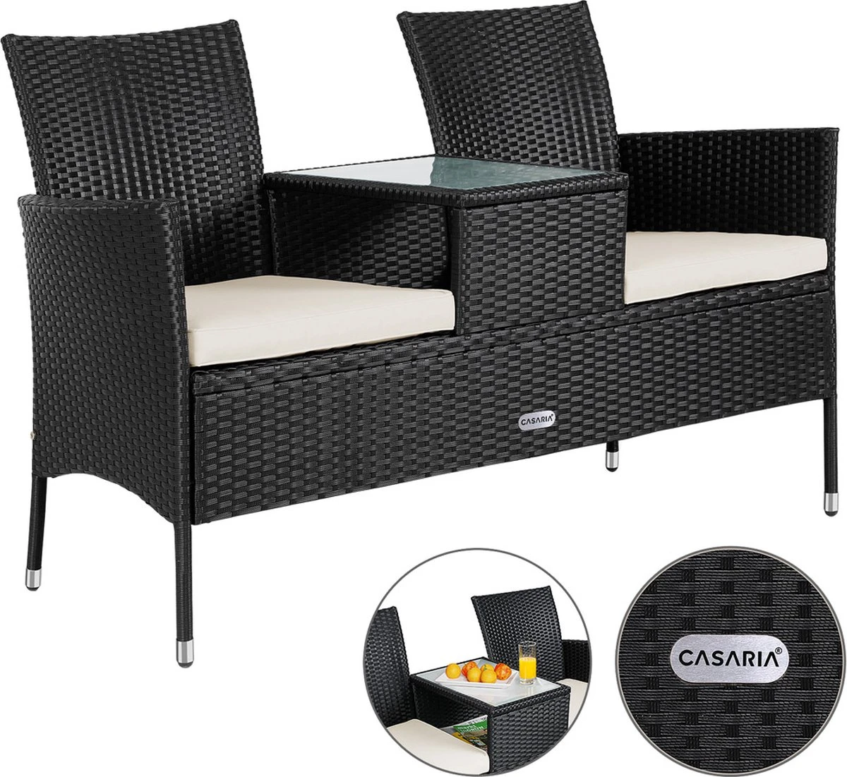 Casaria Polyrattan Tuinbank - Incl. Kussen - 143x55x88 Cm Zwart 7 Casaria Polyrattan Tuinbank - Incl. Kussen - 143x55x88 Cm Zwart - Afbeelding 7