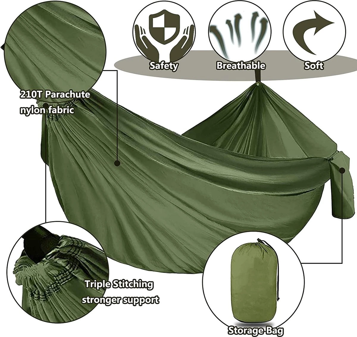 IBright Hangmat XXL - Complete Set – Incl. Karabijnhaken En Riemen - Tot 200 Kg - 270x140cm - Leger Groen 4 IBright Hangmat XXL - Complete Set – Incl. Karabijnhaken En Riemen - Tot 200 Kg - 270x140cm - Leger Groen - Afbeelding 4