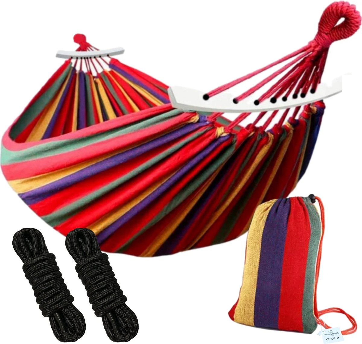 Dubbele Hangmat Rood Met Spreidstok - 1 Of 2 Persoons - Lig Oppervlak 190x150cm - Lengte 260cm 1 Dubbele Hangmat Rood Met Spreidstok - 1 Of 2 Persoons - Lig Oppervlak 190x150cm - Lengte 260cm