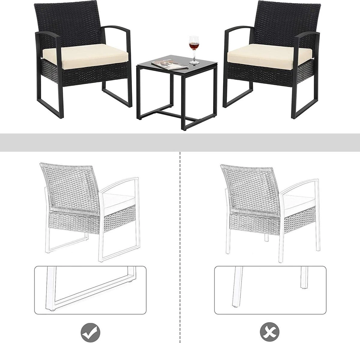 Songmics Tuinmeubelset, 3-delige Set, Van Polyrotan, Voor Outdoor, Terras, Balkon, Tuin, Eenvoudige Montage, Bijzettafel En 2 Stoelen, Zwart-beige 4 Songmics Tuinmeubelset, 3-delige Set, Van Polyrotan, Voor Outdoor, Terras, Balkon, Tuin, Eenvoudige Montage, Bijzettafel En 2 Stoelen, Zwart-beige - Afbeelding 4
