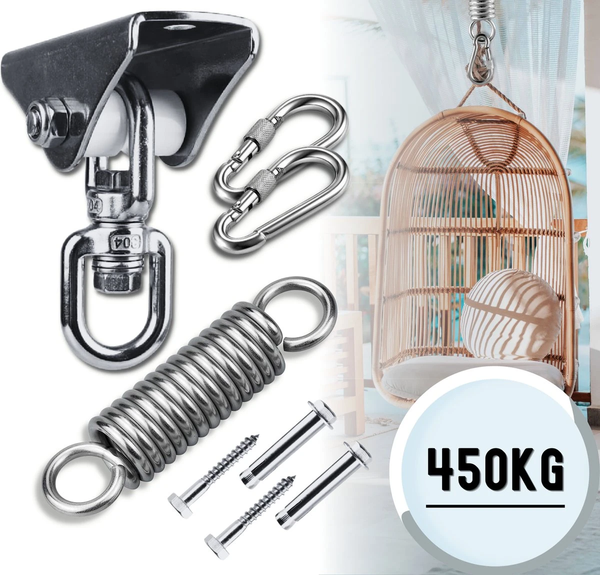 LFSY - Ophangsysteem - Universele Plafondhaak - Hangstoelen Binnen & Buiten - Ophanghaak – Bokszakken - Verandastoel - Zware Veer - RVS – 450kg – M8 1 LFSY - Ophangsysteem - Universele Plafondhaak - Hangstoelen Binnen & Buiten - Ophanghaak – Bokszakken - Verandastoel - Zware Veer - RVS – 450kg – M8