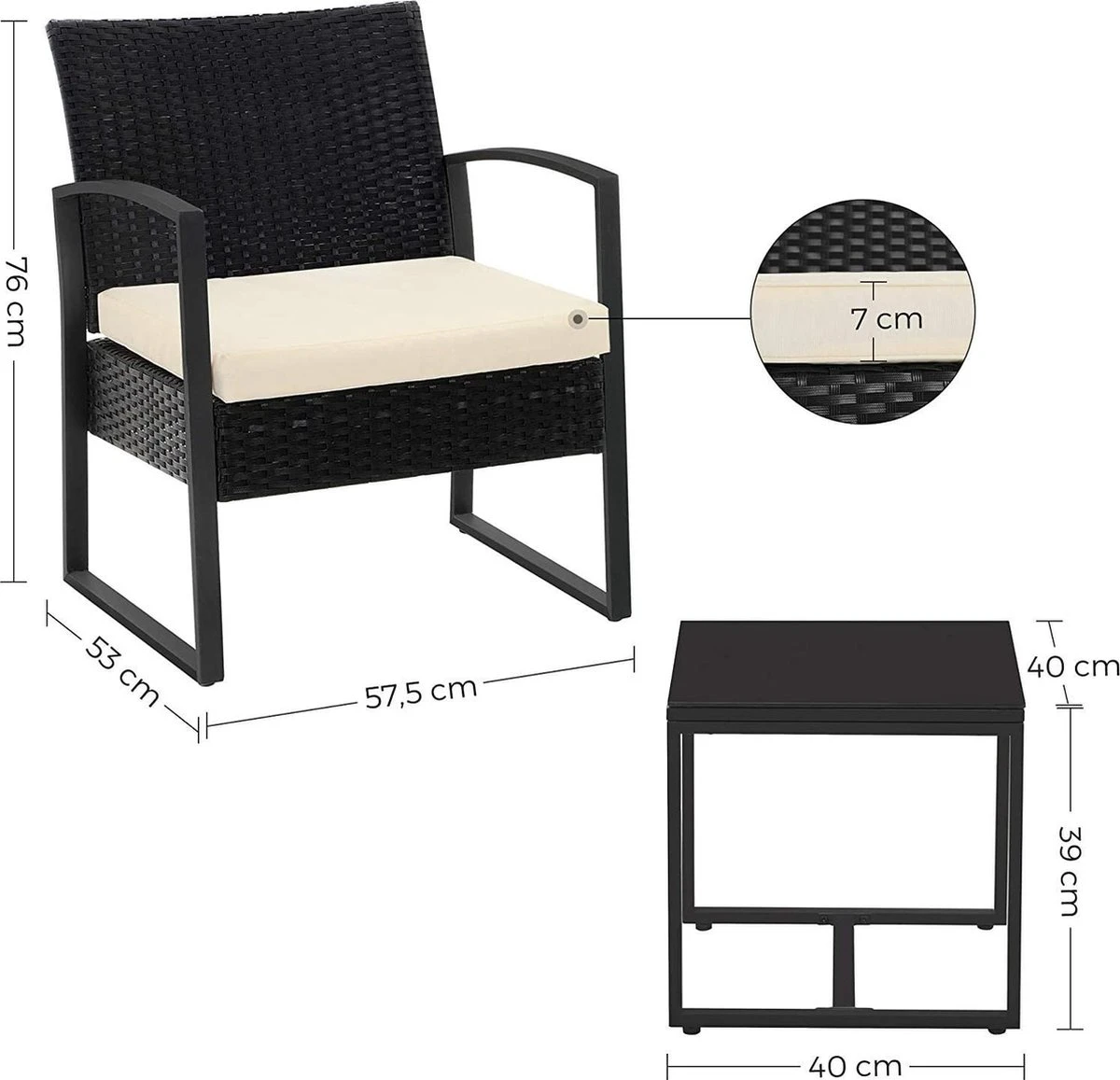 Songmics Tuinmeubelset, 3-delige Set, Van Polyrotan, Voor Outdoor, Terras, Balkon, Tuin, Eenvoudige Montage, Bijzettafel En 2 Stoelen, Zwart-beige 6 Songmics Tuinmeubelset, 3-delige Set, Van Polyrotan, Voor Outdoor, Terras, Balkon, Tuin, Eenvoudige Montage, Bijzettafel En 2 Stoelen, Zwart-beige - Afbeelding 6