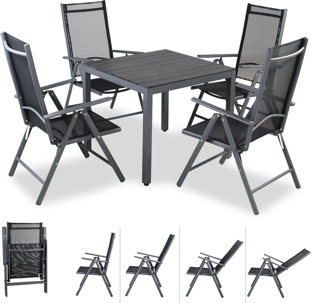 Tuinset 4 + 1 Klapstoelen Tuintafel – Aluminium 80x80cm - Grijs 1 Tuinset 4 + 1 Klapstoelen Tuintafel – Aluminium 80x80cm - Grijs