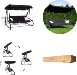 Springos Schommelbank | Linda-Schommel | 3-zits | Waterafstotend | Inclusief 2 Kussens | Verstelbare Luifel | 162 X 200 X 120 Cm | Zwart -Fijne Tuinmeubelwinkel 1200x1171 1