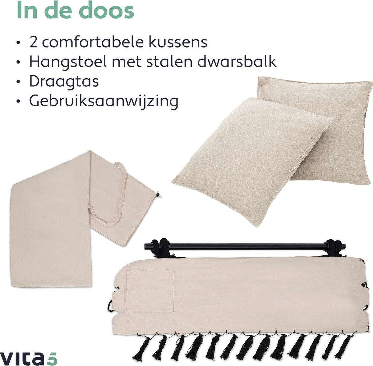 Vita5 XXL Hangstoel | Binnen&Buiten Hangnest | Incl. 2 Kussens En Boekenvak | Volwassenen&Kinderen | Hangmatstoel Tot 225kg | Beige 8 Vita5 XXL Hangstoel | Binnen&Buiten Hangnest | Incl. 2 Kussens En Boekenvak | Volwassenen&Kinderen | Hangmatstoel Tot 225kg | Beige - Afbeelding 8