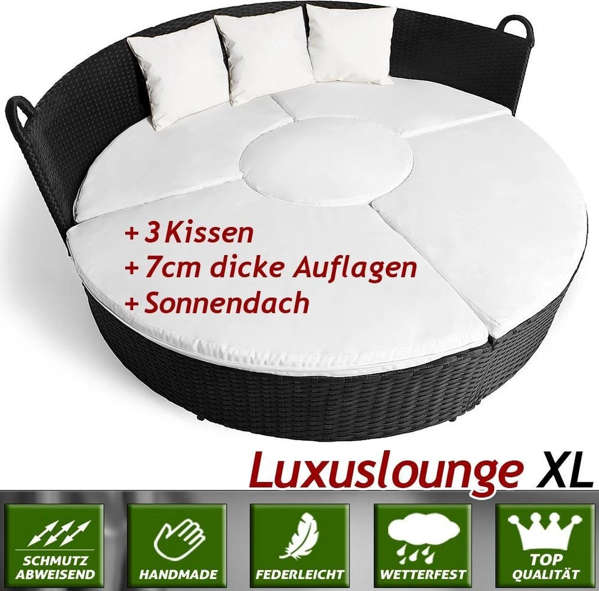 Casaria Polyrattan Zonne-Eiland Ø185cm – Incl. Kussens - Zwart Crème 7 Casaria Polyrattan Zonne-Eiland Ø185cm – Incl. Kussens - Zwart Crème - Afbeelding 7