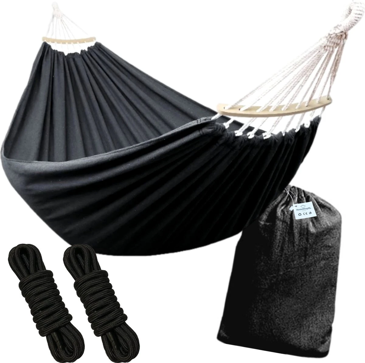 Dubbele Hangmat Zwart Met Spreidstok - 1 Of 2 Persoons - Lig Oppervlak 190x150cm - Lengte 260cm 1 Dubbele Hangmat Zwart Met Spreidstok - 1 Of 2 Persoons - Lig Oppervlak 190x150cm - Lengte 260cm