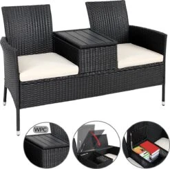 Casaria Tuinbank Polyrattan – 2 Zitter Incl. Tafel & Kussens – Zwart -Fijne Tuinmeubelwinkel 1200x1197 14