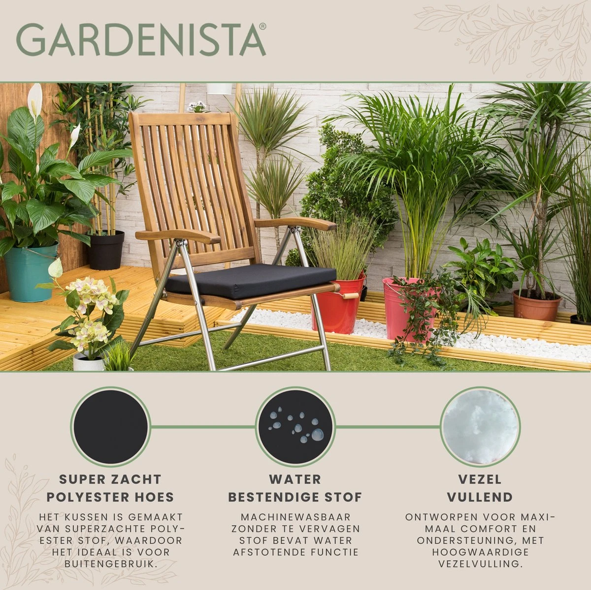 Gardenista Stoelkussen - Waterbestendige Tuinkussens Voor Binnen En Buiten - Zitkussen Met Lint - Kussens Voor Tuinstoel 5 Gardenista Stoelkussen - Waterbestendige Tuinkussens Voor Binnen En Buiten - Zitkussen Met Lint - Kussens Voor Tuinstoel - Afbeelding 5