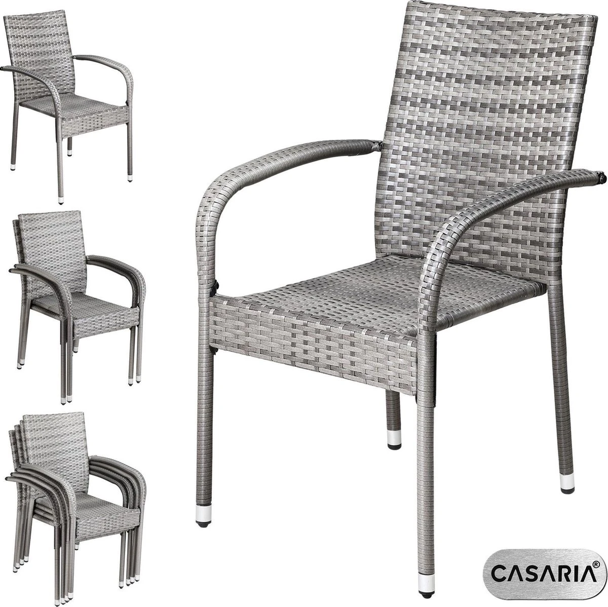 Casaria Polyrattan Tuinstoelen – 4 Stuks Stapelbaar – Grijs 6 Casaria Polyrattan Tuinstoelen – 4 Stuks Stapelbaar – Grijs - Afbeelding 6