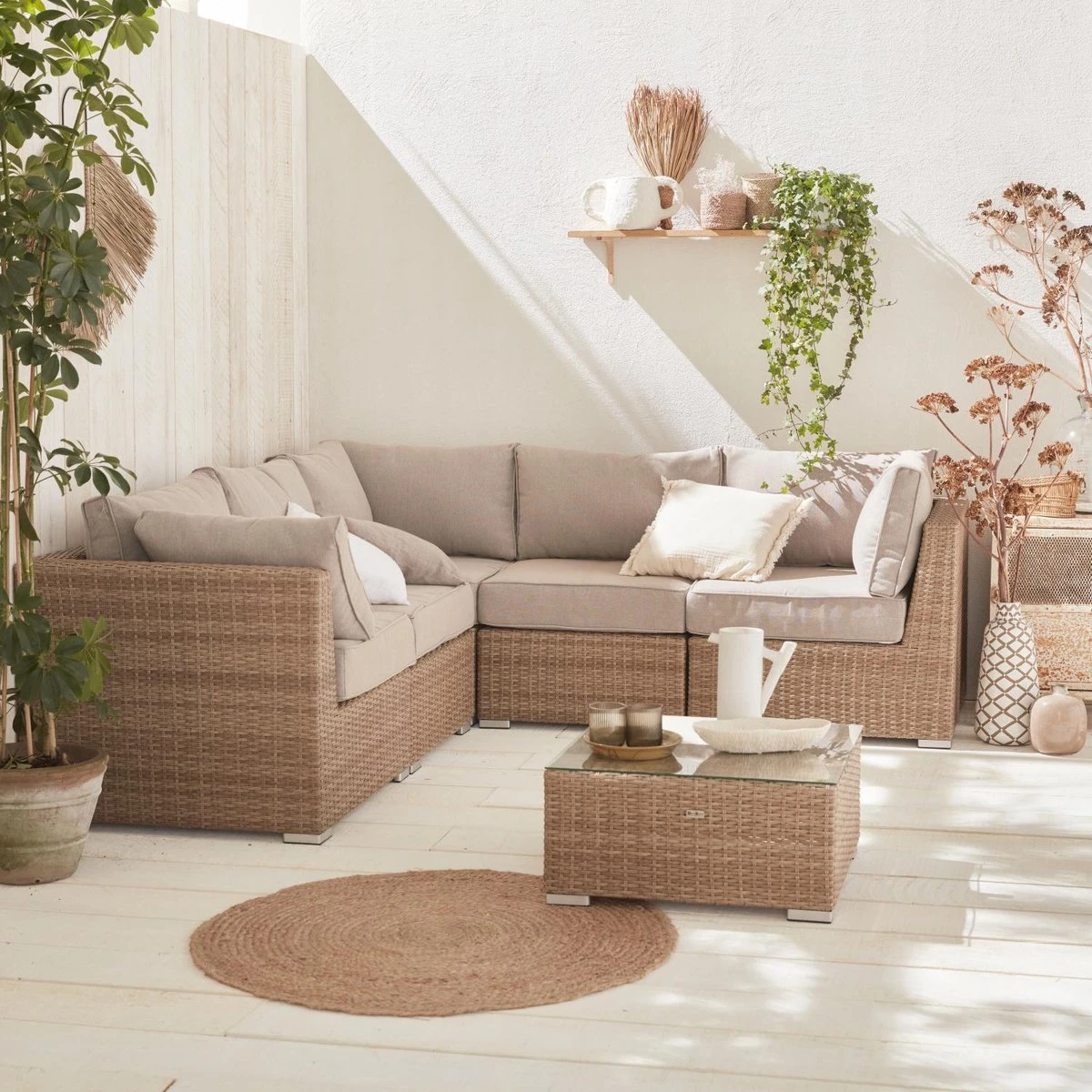 Premium Loungeset - VITTORIA - Rond Wicker– 5 Plaatsen, Naturel/beige 4 Premium Loungeset - VITTORIA - Rond Wicker– 5 Plaatsen, Naturel/beige - Afbeelding 4
