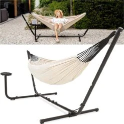 Vita5 Hangmat Met Standaard – 2 Persoons – Incl. Bekerhouder – 205kg Draaggewicht – Beige/Wit