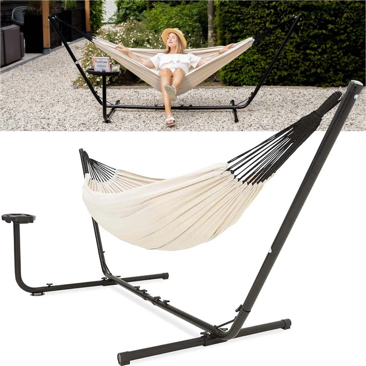 Vita5 Hangmat Met Standaard – 2 Persoons – Incl. Bekerhouder – 205kg Draaggewicht – Beige/Wit 1 Vita5 Hangmat Met Standaard – 2 Persoons – Incl. Bekerhouder – 205kg Draaggewicht – Beige/Wit