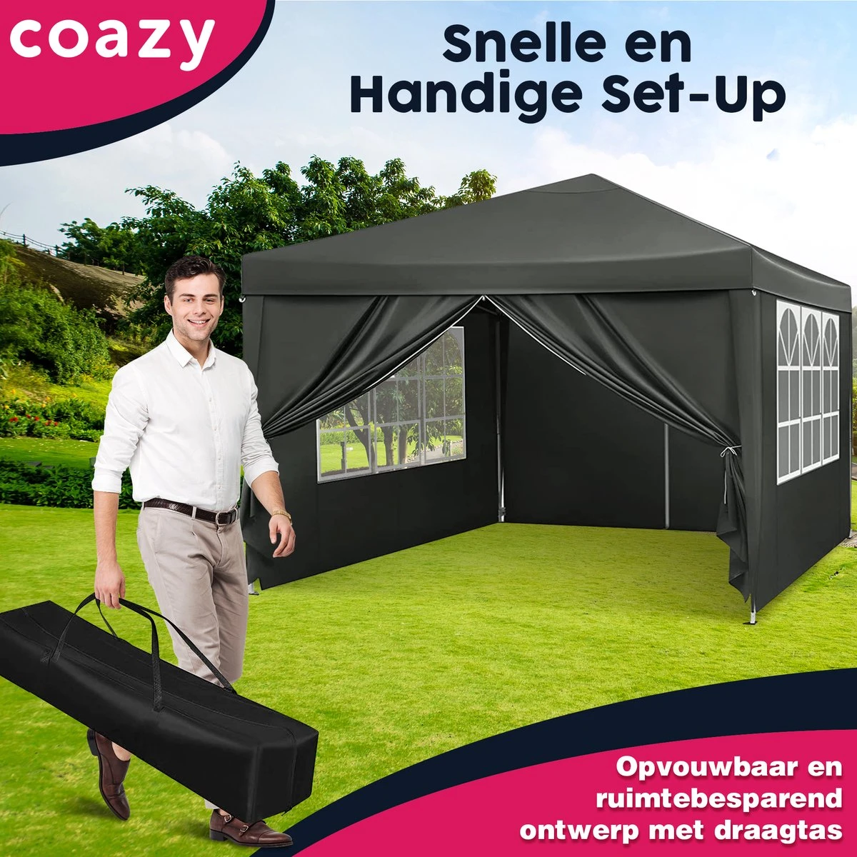 Waterdichte Partytent 3x3 Meter Opvouwbaar Met Zijwanden- Paviljoen Met Zijpanelen - Easy Up - Pop-up Tent Met Haringen, Touw En Anti Slip Poten 8 Waterdichte Partytent 3x3 Meter Opvouwbaar Met Zijwanden- Paviljoen Met Zijpanelen - Easy Up - Pop-up Tent Met Haringen, Touw En Anti Slip Poten - Afbeelding 8