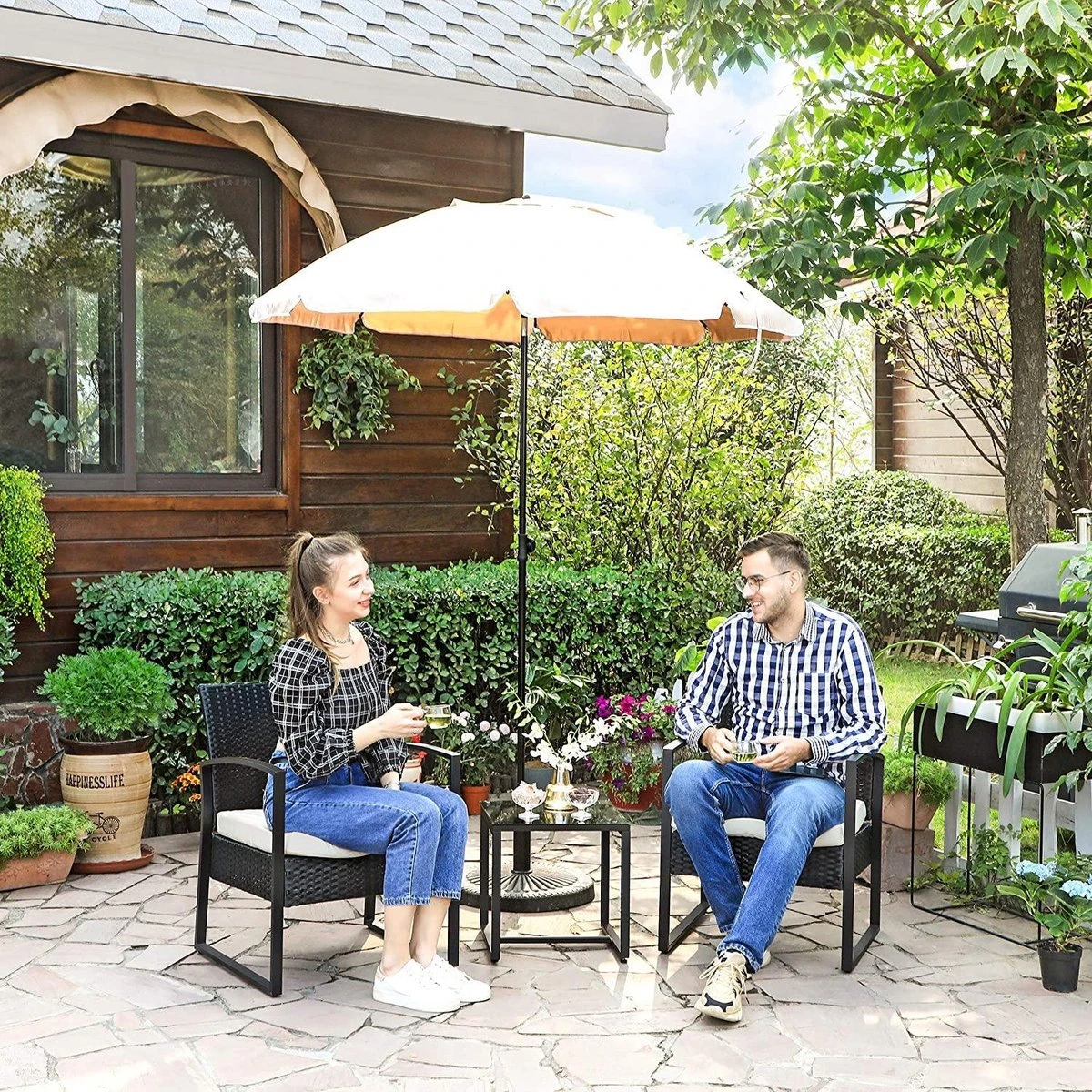 Songmics Tuinmeubelset, 3-delige Set, Van Polyrotan, Voor Outdoor, Terras, Balkon, Tuin, Eenvoudige Montage, Bijzettafel En 2 Stoelen, Zwart-beige 3 Songmics Tuinmeubelset, 3-delige Set, Van Polyrotan, Voor Outdoor, Terras, Balkon, Tuin, Eenvoudige Montage, Bijzettafel En 2 Stoelen, Zwart-beige - Afbeelding 3