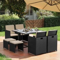 Tuinmeubelset - Tuinset 4 6 8 Persoons - Eettafel En Stoelen - Set Van 9 - Terras - Tuintafel - Salontafel Met Glazen Oppervlak - Zwart Beige -Fijne Tuinmeubelwinkel 1200x1200 1218