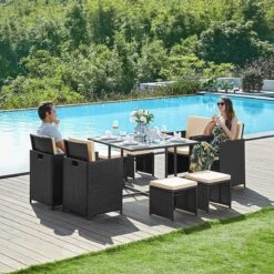 Tuinmeubelset - Tuinset 4 6 8 Persoons - Eettafel En Stoelen - Set Van 9 - Terras - Tuintafel - Salontafel Met Glazen Oppervlak - Zwart Beige -Fijne Tuinmeubelwinkel 1200x1200 1221