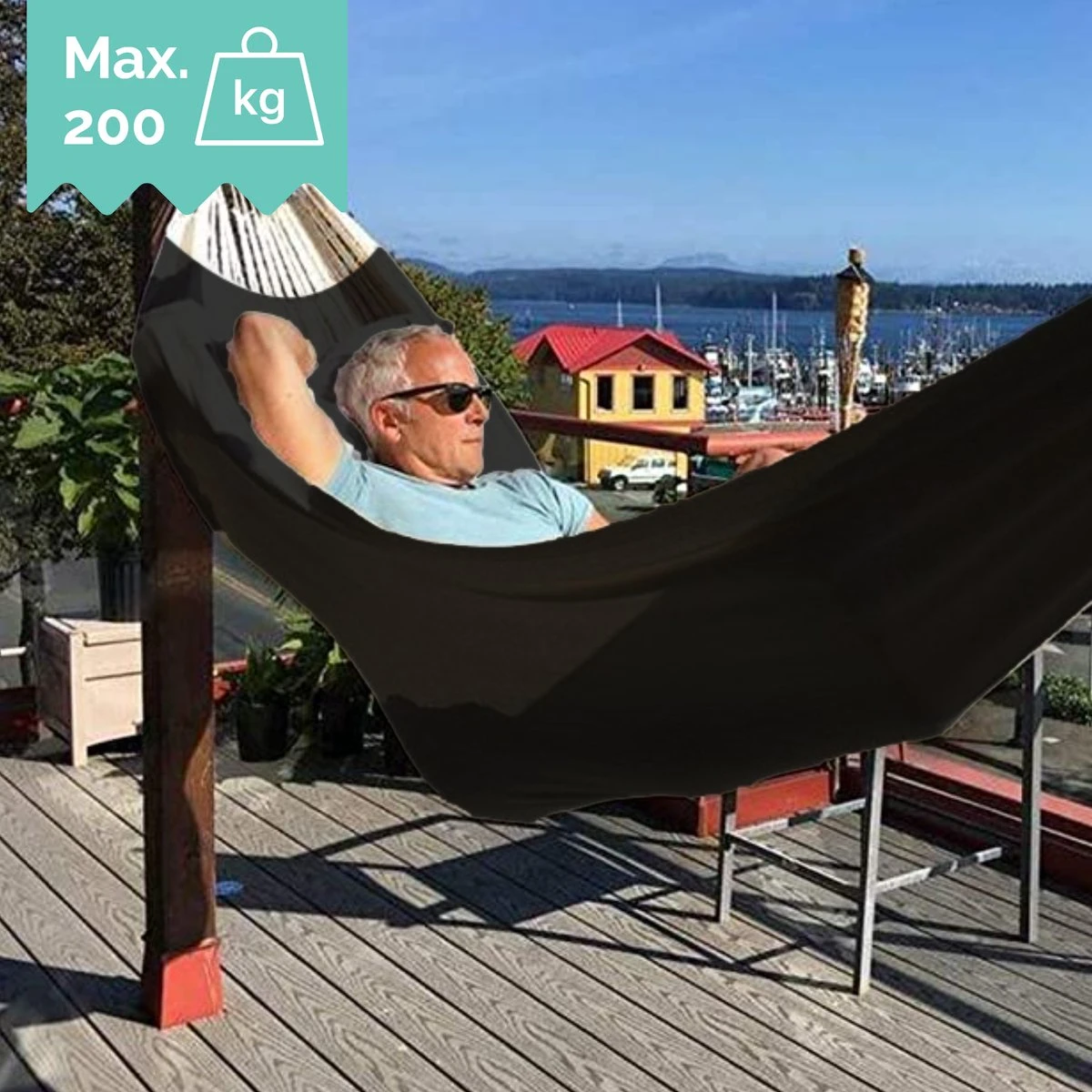 Dubbele Hangmat Zwart Met Spreidstok - 1 Of 2 Persoons - Lig Oppervlak 190x150cm - Lengte 260cm 5 Dubbele Hangmat Zwart Met Spreidstok - 1 Of 2 Persoons - Lig Oppervlak 190x150cm - Lengte 260cm - Afbeelding 5