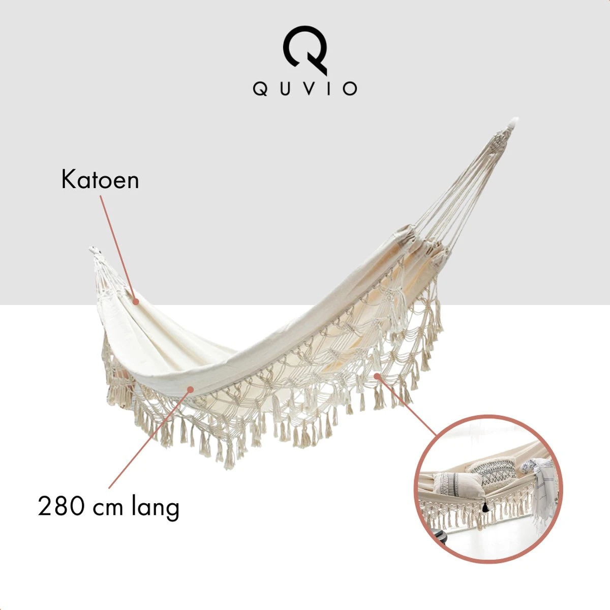 QUVIO Hangmat Voor In De Tuin - Tuinstoelen - Reishangmat Voor Camping, Outdoor En Reizen - Hamock - Katoen Ademend - Maximale Belasting Van 250KG - Lig Oppervlak Van 180 Cm - Geschikt Voor 1 Persoon - Beige 3 QUVIO Hangmat Voor In De Tuin - Tuinstoelen - Reishangmat Voor Camping, Outdoor En Reizen - Hamock - Katoen Ademend - Maximale Belasting Van 250KG - Lig Oppervlak Van 180 Cm - Geschikt Voor 1 Persoon - Beige - Afbeelding 3