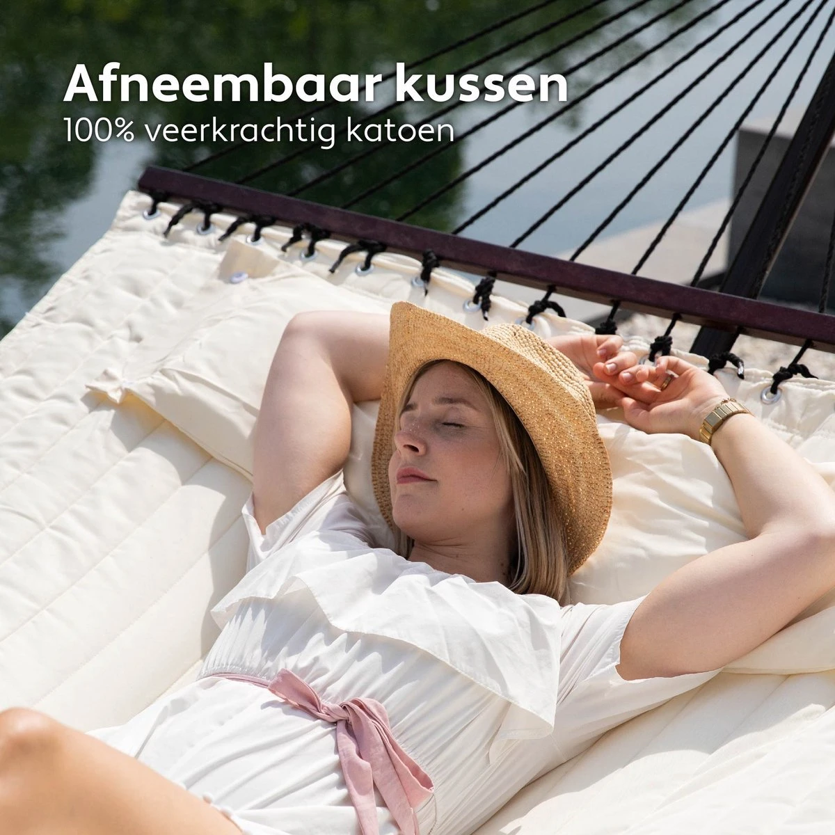 Vita5 Hangmat Met Standaard En Spreidstok – 2 Persoons – Incl. Bekerhouder - Afneembaar Kussen – Uv-bestendig – Beige 5 Vita5 Hangmat Met Standaard En Spreidstok – 2 Persoons – Incl. Bekerhouder - Afneembaar Kussen – Uv-bestendig – Beige - Afbeelding 5
