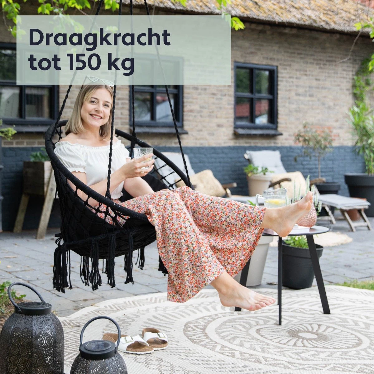 Vita5 Macramé Hangstoel - Voor Binnen En Buiten - Zonder Standaard - Incl. Kussen, Boekenvak En Beschermhoes - Tot 150kg - Zwart 5 Vita5 Macramé Hangstoel - Voor Binnen En Buiten - Zonder Standaard - Incl. Kussen, Boekenvak En Beschermhoes - Tot 150kg - Zwart - Afbeelding 5