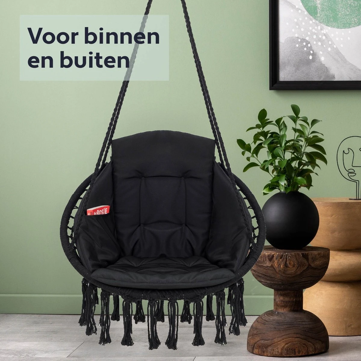 Vita5 Macramé Hangstoel - Voor Binnen En Buiten - Zonder Standaard - Incl. Kussen, Boekenvak En Beschermhoes - Tot 150kg - Zwart 6 Vita5 Macramé Hangstoel - Voor Binnen En Buiten - Zonder Standaard - Incl. Kussen, Boekenvak En Beschermhoes - Tot 150kg - Zwart - Afbeelding 6