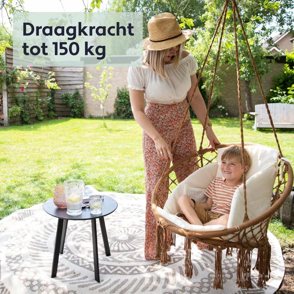 Vita5 Macramé Hangstoel - Voor Binnen En Buiten - Zonder Standaard - Incl. Kussen, Boekenvak En Beschermhoes - Tot 150kg - Bruin/Beige 5 Vita5 Macramé Hangstoel - Voor Binnen En Buiten - Zonder Standaard - Incl. Kussen, Boekenvak En Beschermhoes - Tot 150kg - Bruin/Beige - Afbeelding 5