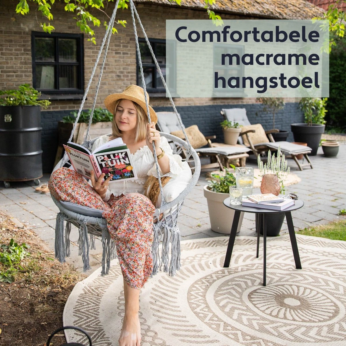 Vita5 Macramé Hangstoel - Voor Binnen En Buiten - Zonder Standaard - Incl. Kussen, Boekenvak En Beschermhoes - Tot 150kg - Grijs 2 Vita5 Macramé Hangstoel - Voor Binnen En Buiten - Zonder Standaard - Incl. Kussen, Boekenvak En Beschermhoes - Tot 150kg - Grijs - Afbeelding 2