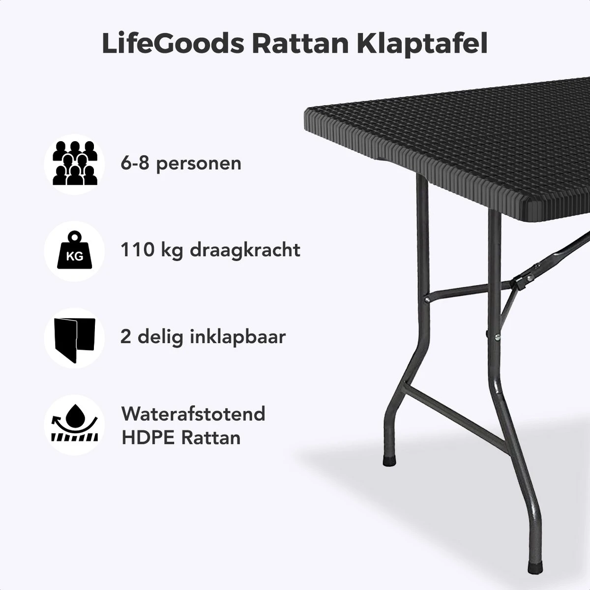LifeGoods Klaptafel - Inklapbaar - 180 Cm - 6 Tot 8 Personen - Zwart 2 LifeGoods Klaptafel - Inklapbaar - 180 Cm - 6 Tot 8 Personen - Zwart - Afbeelding 2