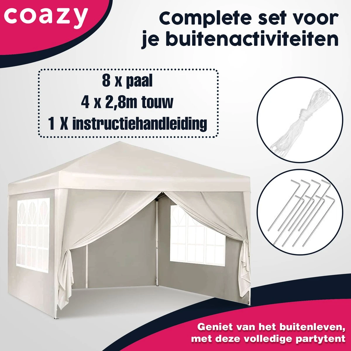 Waterdichte Partytent 3x3 Meter Opvouwbaar Met Zijwanden- Paviljoen Met Zijpanelen - Easy Up - Pop-up Tent Met Haringen, Touw En Anti Slip Poten 7 Waterdichte Partytent 3x3 Meter Opvouwbaar Met Zijwanden- Paviljoen Met Zijpanelen - Easy Up - Pop-up Tent Met Haringen, Touw En Anti Slip Poten - Afbeelding 7