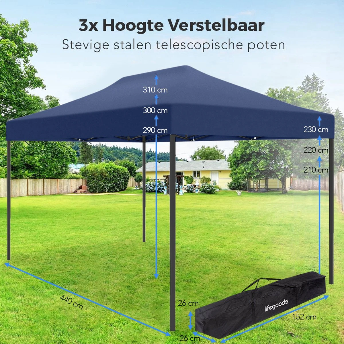 LifeGoods Partytent - 3x4.5 M - Easy Up - Opvouwbaar - Waterdicht - Draagtas Met Wieltjes - Donkerblauw 6 LifeGoods Partytent - 3x4.5 M - Easy Up - Opvouwbaar - Waterdicht - Draagtas Met Wieltjes - Donkerblauw - Afbeelding 6