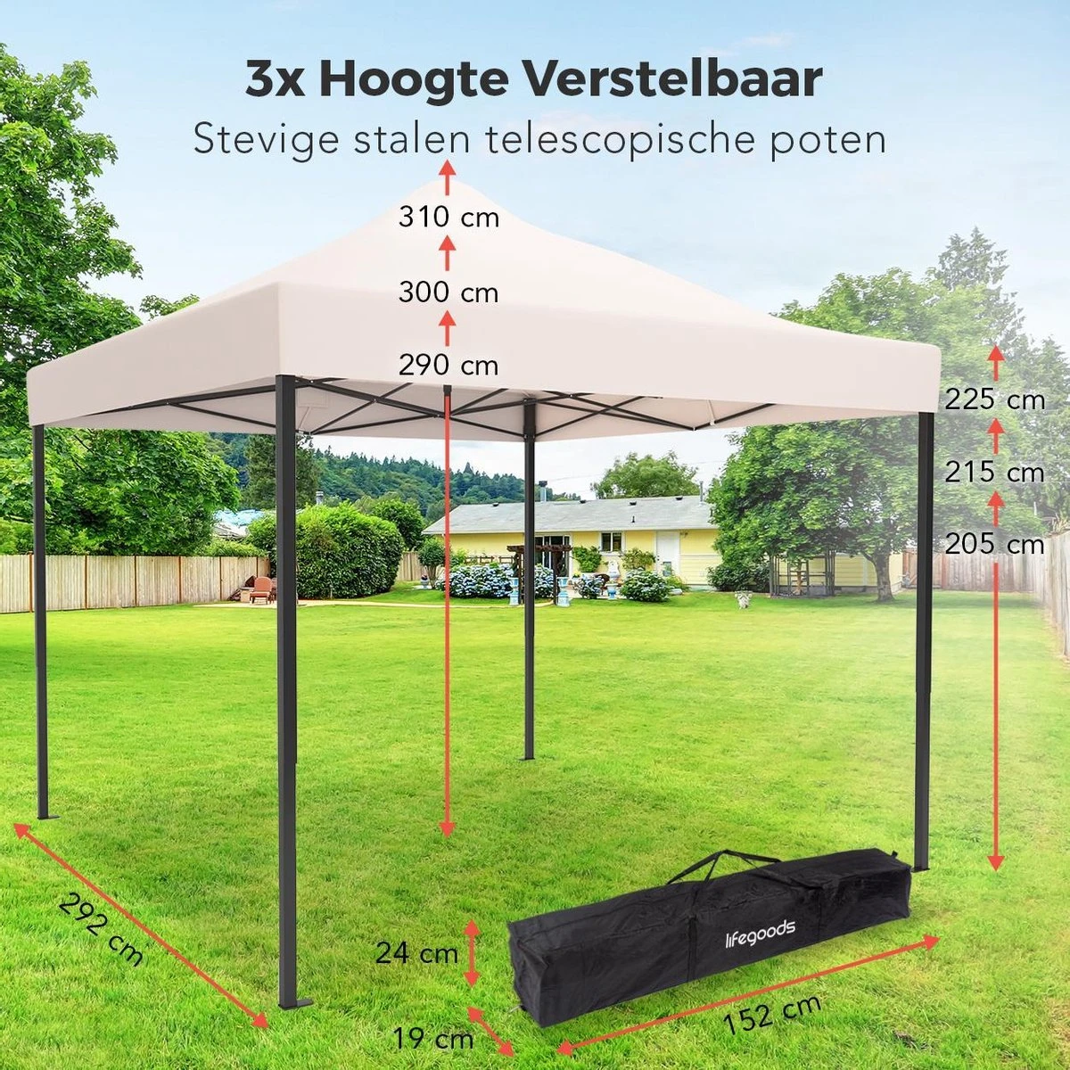 LifeGoods Partytent - 3x3 M - Easy Up - Opvouwbaar - Waterdicht - Draagtas Met Wieltjes - Beige 2 LifeGoods Partytent - 3x3 M - Easy Up - Opvouwbaar - Waterdicht - Draagtas Met Wieltjes - Beige - Afbeelding 2