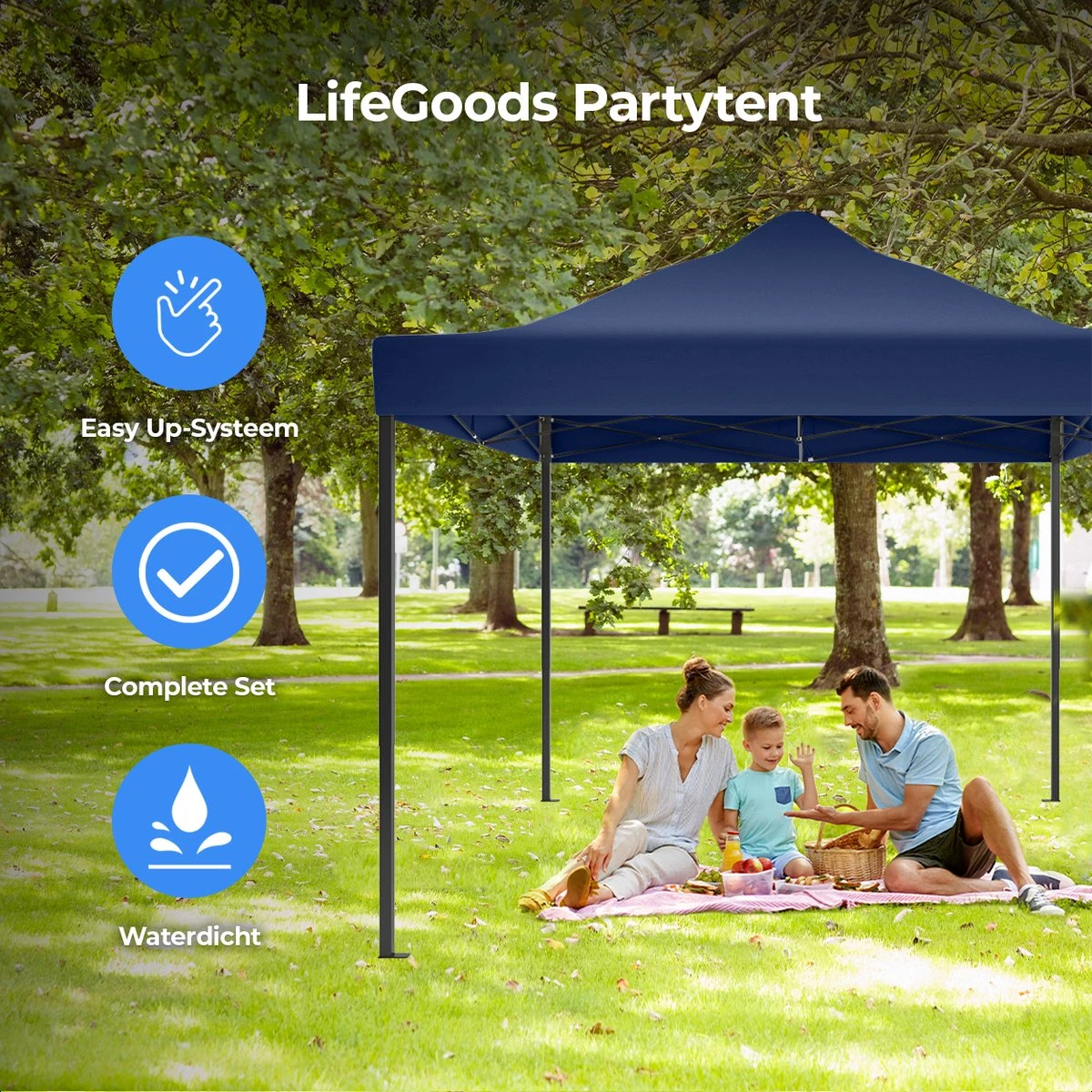 LifeGoods Partytent - 3x4.5 M - Zijwanden - Easy Up - Opvouwbaar - Waterdicht - Draagtas Met Wieltjes - Donkerblauw 6 LifeGoods Partytent - 3x4.5 M - Zijwanden - Easy Up - Opvouwbaar - Waterdicht - Draagtas Met Wieltjes - Donkerblauw - Afbeelding 6