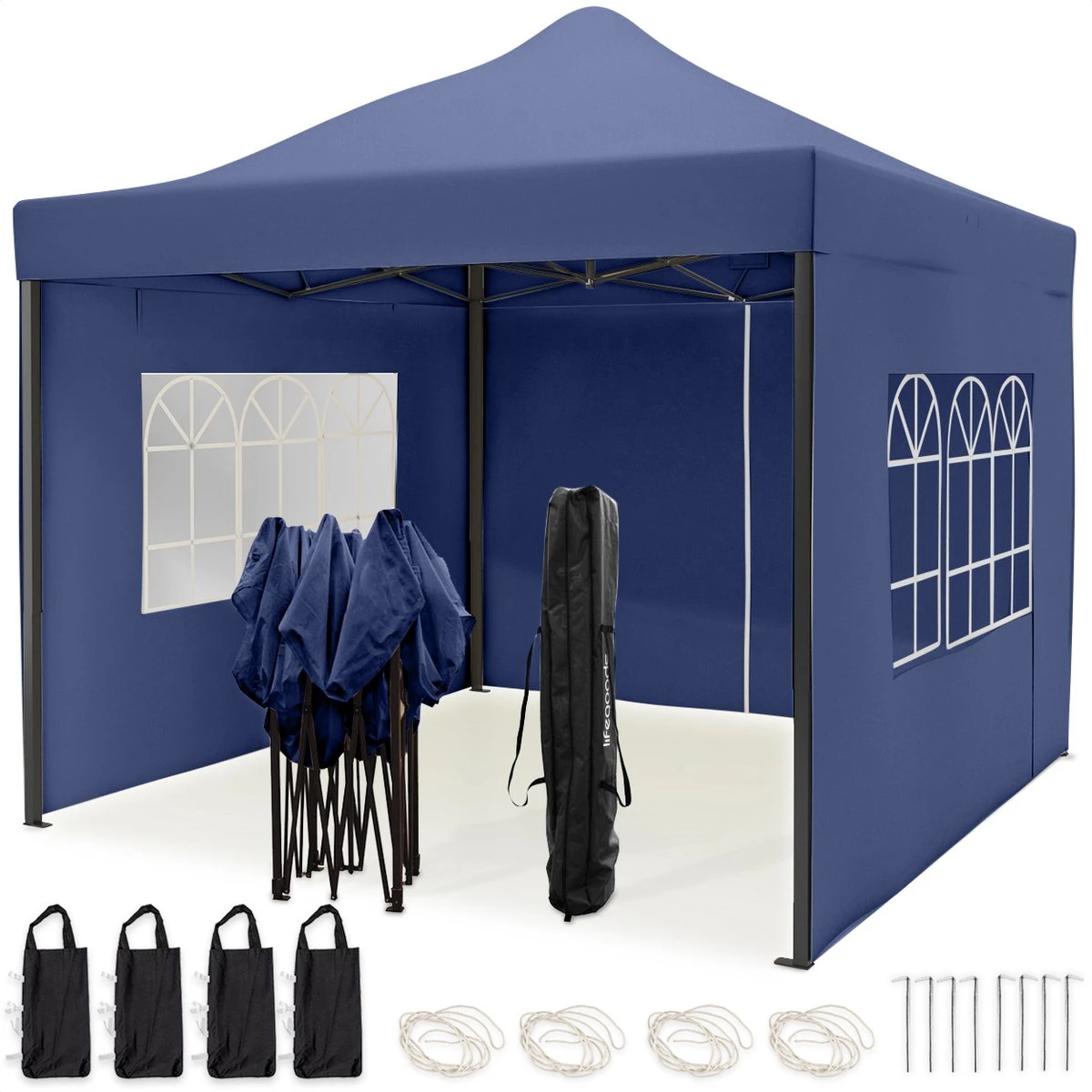 LifeGoods Partytent - 3x3 M - Zijwanden - Easy Up - Opvouwbaar - Waterdicht - Draagtas Met Wieltjes - Donkerblauw 1 LifeGoods Partytent - 3x3 M - Zijwanden - Easy Up - Opvouwbaar - Waterdicht - Draagtas Met Wieltjes - Donkerblauw