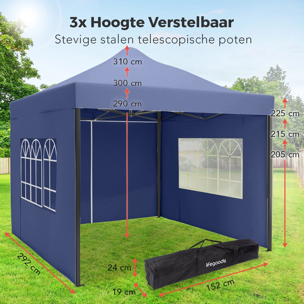 LifeGoods Partytent - 3x3 M - Zijwanden - Easy Up - Opvouwbaar - Waterdicht - Draagtas Met Wieltjes - Donkerblauw 3 LifeGoods Partytent - 3x3 M - Zijwanden - Easy Up - Opvouwbaar - Waterdicht - Draagtas Met Wieltjes - Donkerblauw - Afbeelding 3