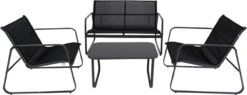Tuin Meubelen Loungeset - 4 Persoons - Tuinset - Comfort - Zwart - Tafel Glazen Blad - Stoelen - Sofa - Bank - 4-delig
