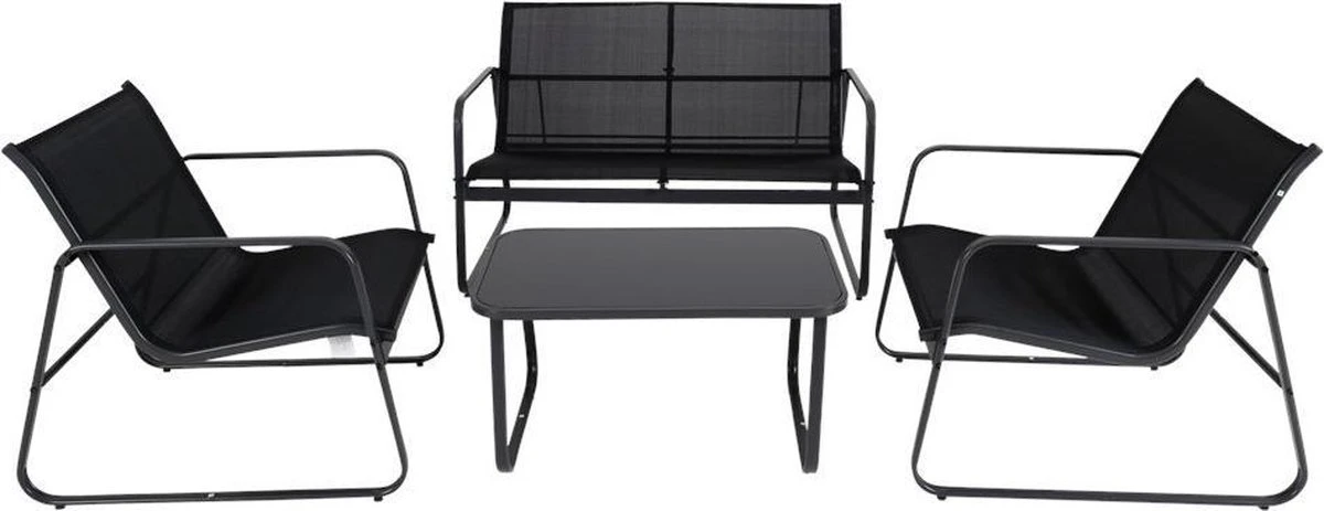 Tuin Meubelen Loungeset - 4 Persoons - Tuinset - Comfort - Zwart - Tafel Glazen Blad - Stoelen - Sofa - Bank - 4-delig 1 Tuin Meubelen Loungeset - 4 Persoons - Tuinset - Comfort - Zwart - Tafel Glazen Blad - Stoelen - Sofa - Bank - 4-delig