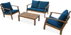Houten Loungeset 4 Plaatsen - Ushuaïa - Donker Turquoise Kussens, Bank, Fauteuils En Lage Tafel Van Acacia, Design -Fijne Tuinmeubelwinkel 1200x603 3